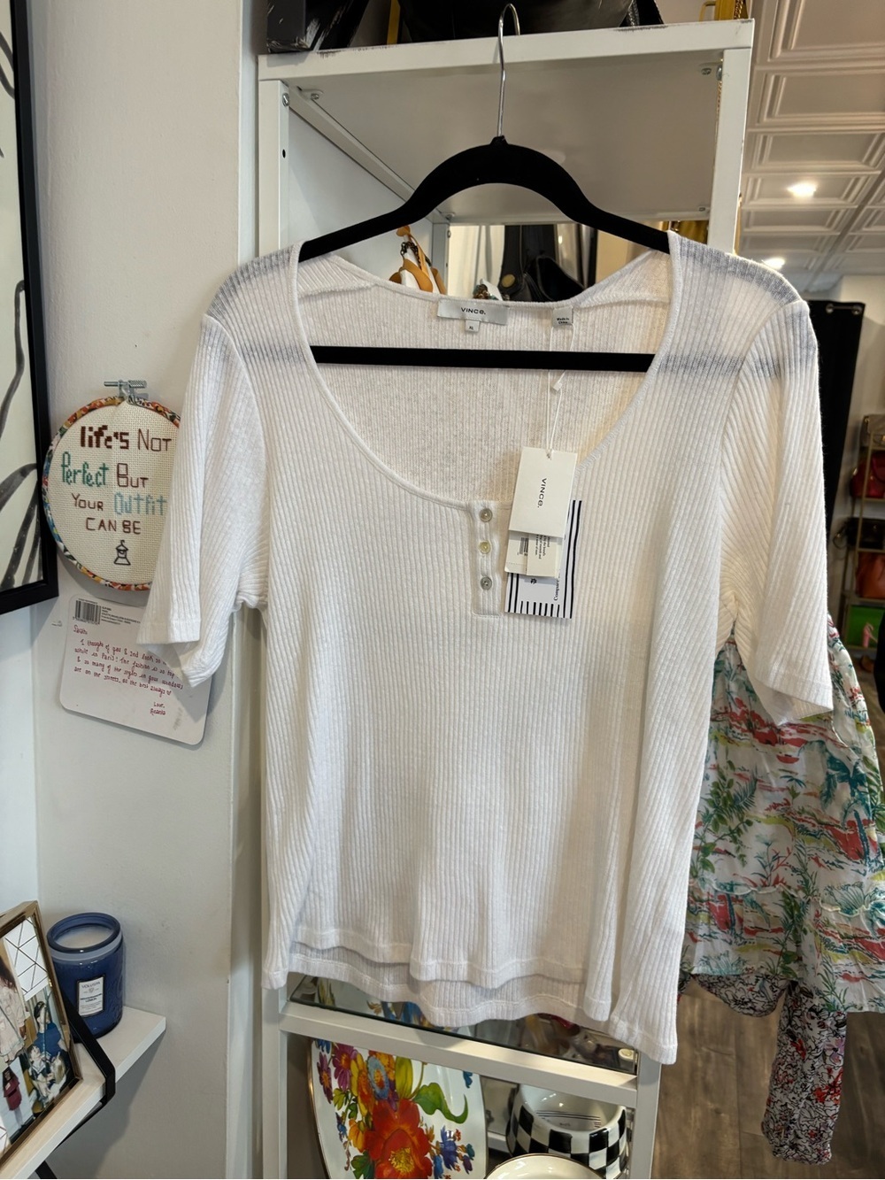 Vince White Ribbed Short Sleeve Henley Top NWT
